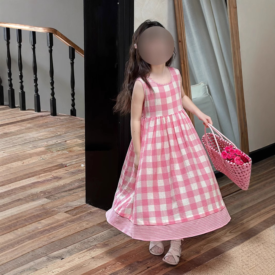 Girls dress summer new casual pink plaid sleeveless vest skirt for children a generation of hair