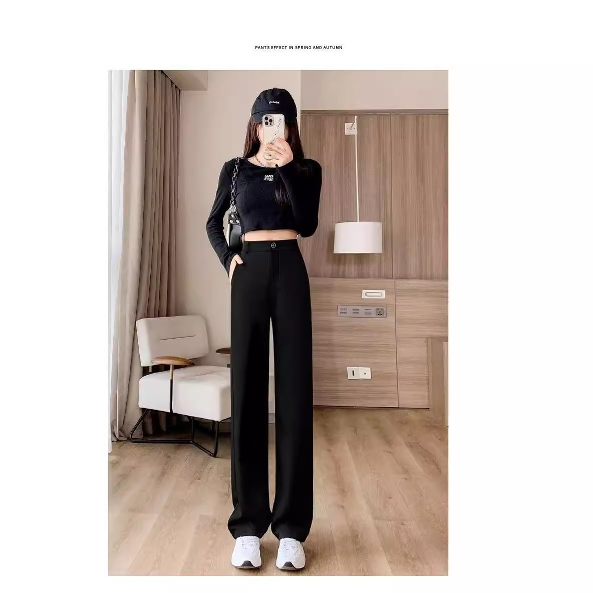 Summer slim new high waist suit pants women's drape feeling black straight wide leg pants casual drag thin middle east