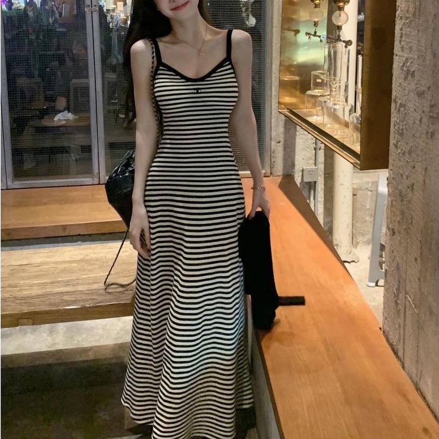 Pop art gallery fashion casual A- line striped sheath dress slim fit slimming V-neck sling dress