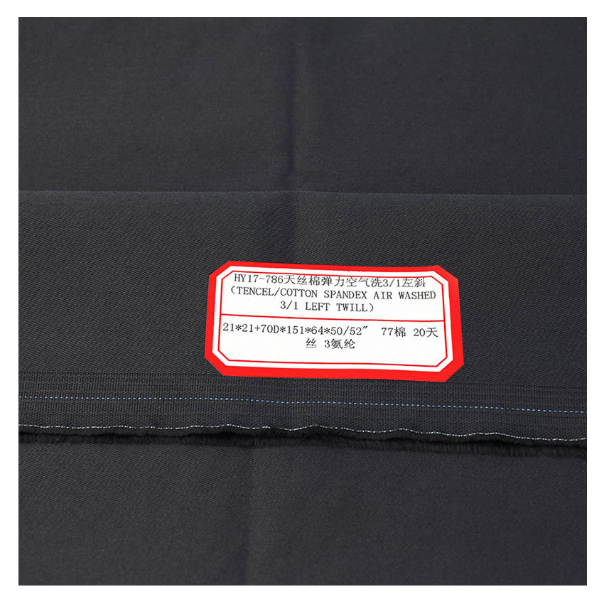 Tencel cotton elastic air wash 3/1 left oblique black Tencel cotton interwoven elastic twill 3/1 Tencel Cotton left oblique