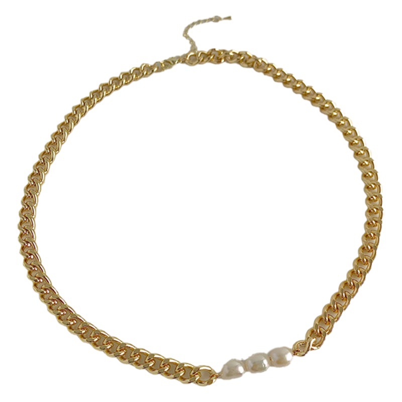 Korean Style Simple All-match Cold Style Freshwater Pearl Necklace Women's Baroque Metal Chain Neck Chain Copper Plated with Real Gold