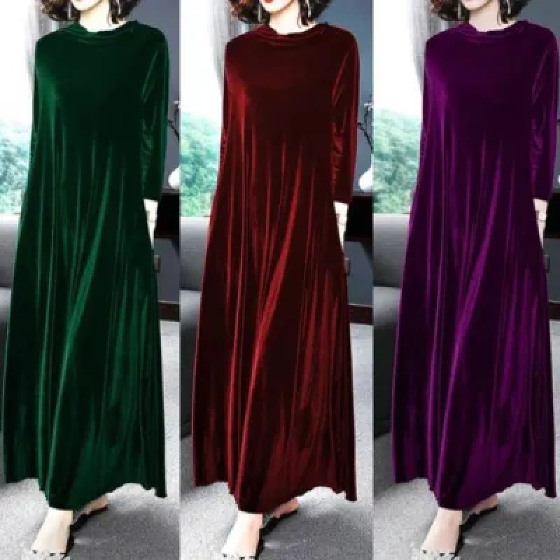 2024 gold velvet dress Western style long sleeve Spring and Autumn New pile collar slimming belly covering temperament midi dress