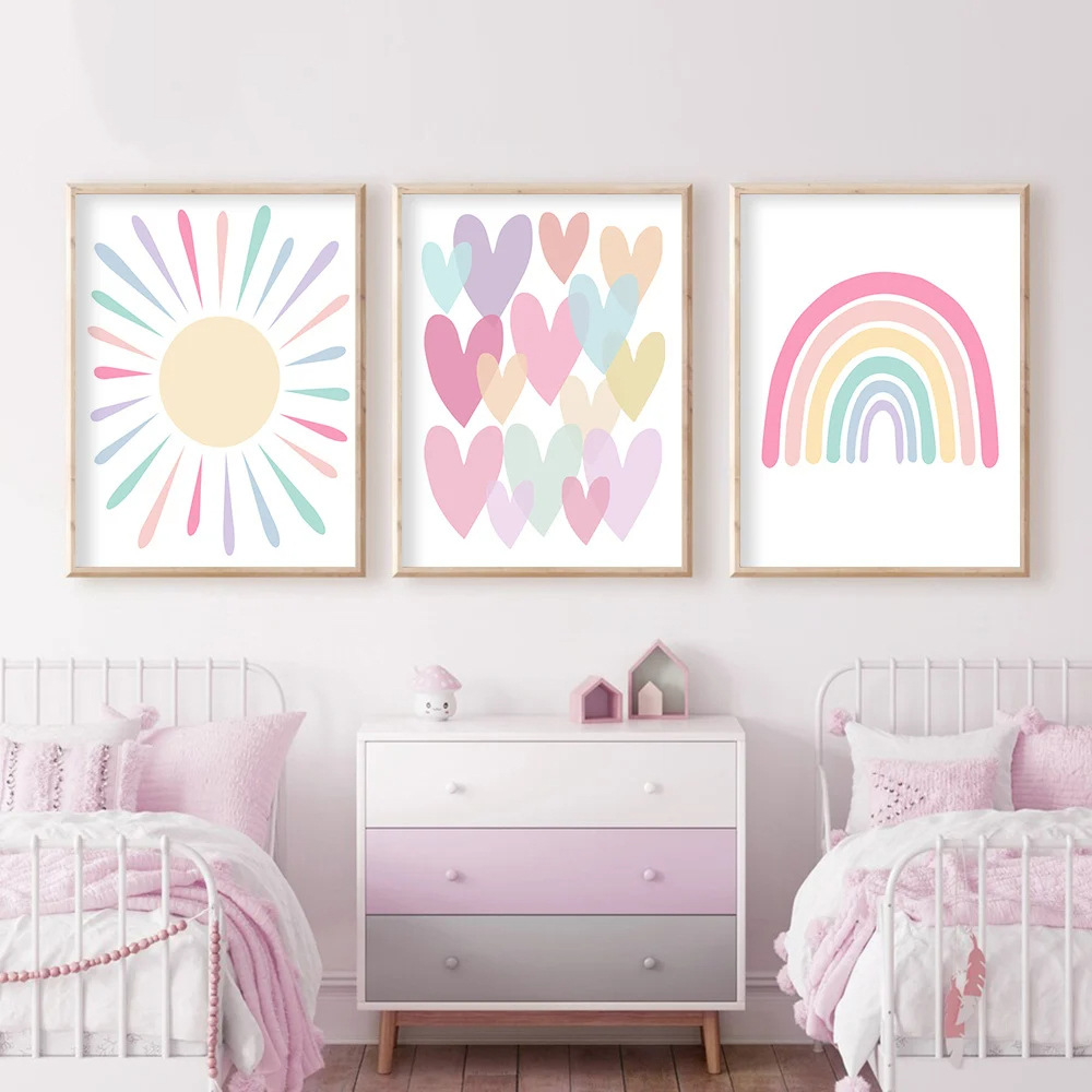 Scandinavian Modern Cartoon Pink Watercolor Weather Heart Kidsren's Room Girls Bedroom Decoration Hanging Painting Poster Painting Core