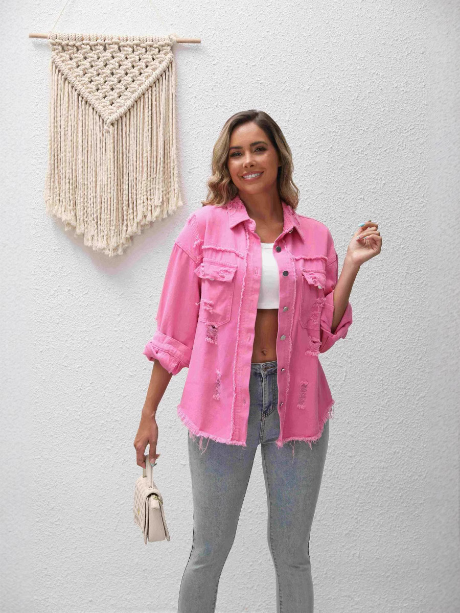 Cross-Border European and American Denim Jacket for Women Pink Loose Denim Ripped Jacket Plus Size Women's Long-Sleeved Denim Jacket