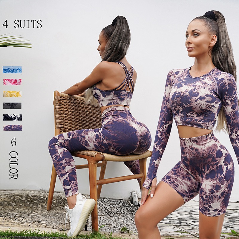 Cross-border New Seamless Yoga Clothing Sports Vest Set Tie-dyed High Waist Hip Yoga Pants Women's Top Sportswear