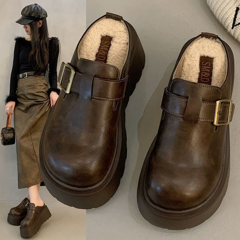 Thick-soled fleece-lined Birkenstocks Shoes Women's Autumn and Winter New Arrival Baotou Half-drag Mao Mao Slippers Women's Heightened Outwear Birkenstocks Cotton Shoes