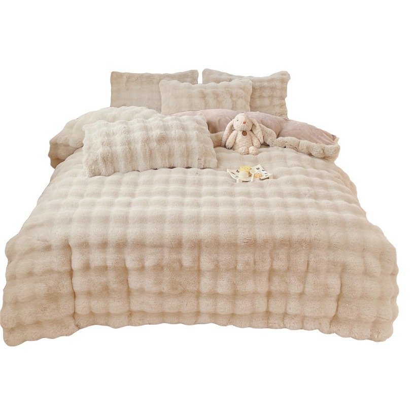 New thickened rabbit velvet four-piece set solid color bubble rabbit fur milk velvet set autumn and winter fitted sheet bedding
