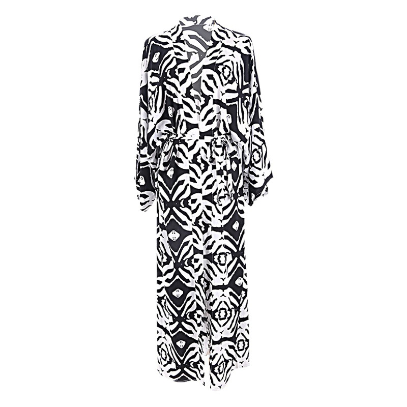 New European and American Rayon Black and White Flower Cardigan Seaside Vacation Sun Protection Shirt Beach Bikini Outer Cover-Up Swimsuit Outer Wear