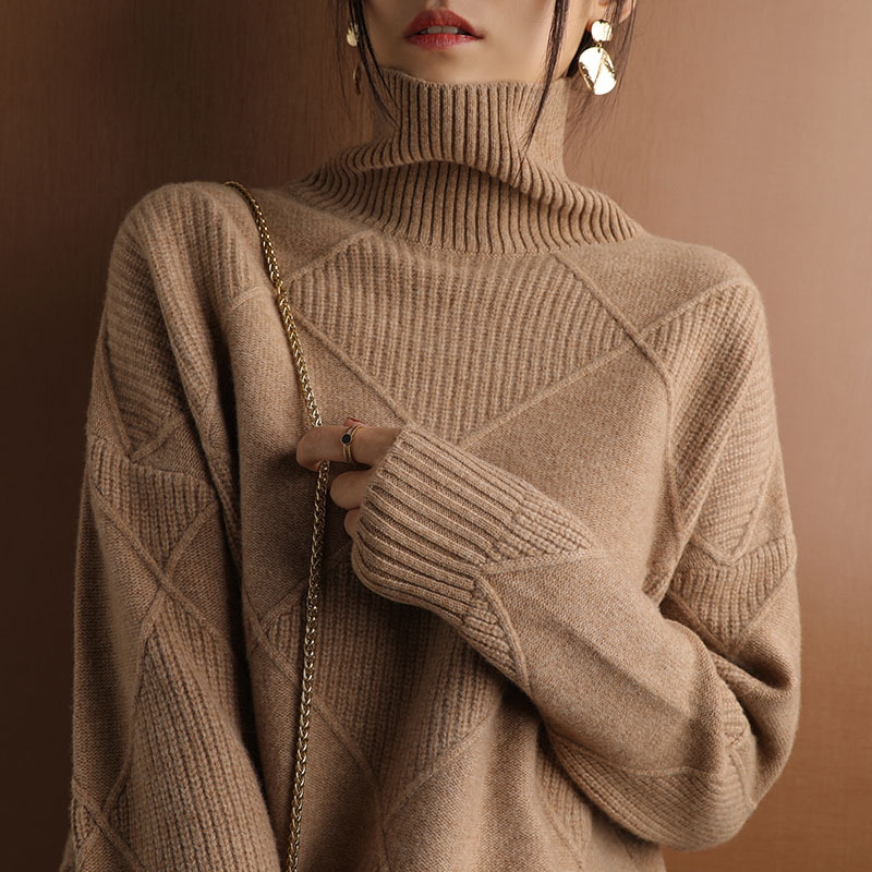Picture of Personalized Turtleneck Knitwear for Women, Loose Rhombus Lazy Style Knitwear, Autumn and Winter Long-Sleeved Outer Wear, Korean Style Western-Style Bottoming Shirt