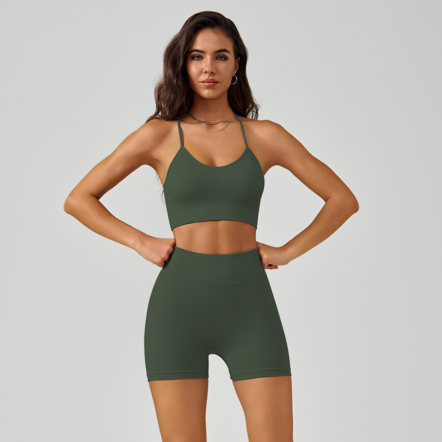 Picture of Cross-Back Yoga Vest suit Thin Shoulder Strap Sports Bra High Waist Belly Peach Hip Yoga Shorts
