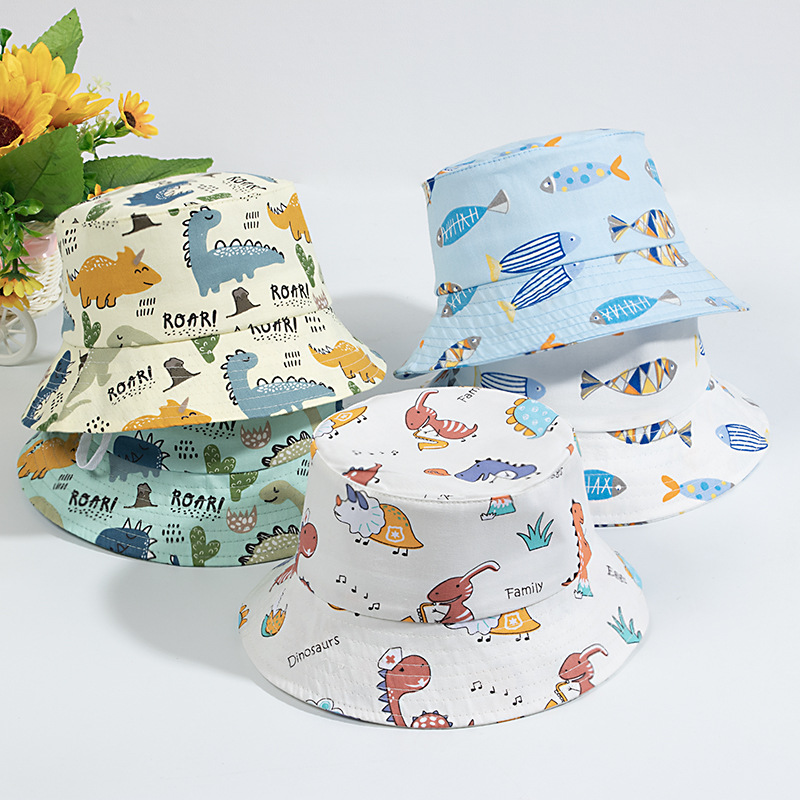 Children's Fisherman Hat 1 to 3 Years Old Children's Cloth Hat Cute Cartoon Fish Dinosaur Hat Outdoor Sunscreen Hat for Young Children