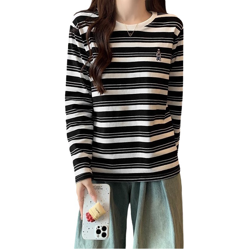Retro Style Pure Cotton Stripesd T-Shirt for Women, New Autum Style Long-Sleeved Lazy Style Top with Round Neck Bottoming Shirt, Fashionable