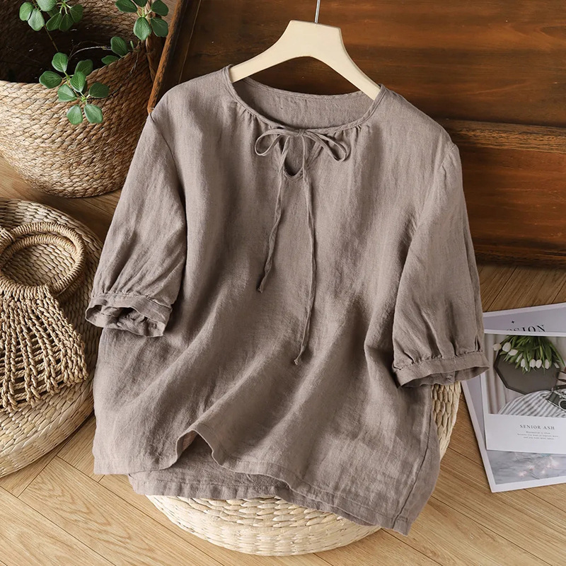 Women's Clothing Western Style plus size Round Neck Lace-up 2024 Summer Top Age-reducing Sweet chubby girl Slimming National Style Vintage Shirt