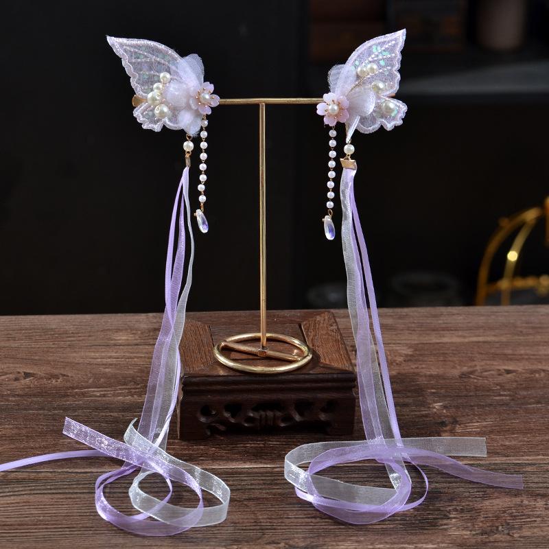 Super Fairy Butterfly Clip Han Dynasty Headdress Ancient Costume Accessories Lace Juan Yarn Streamer Tassel Hairpin Ancient Style Hair Accessories for Women