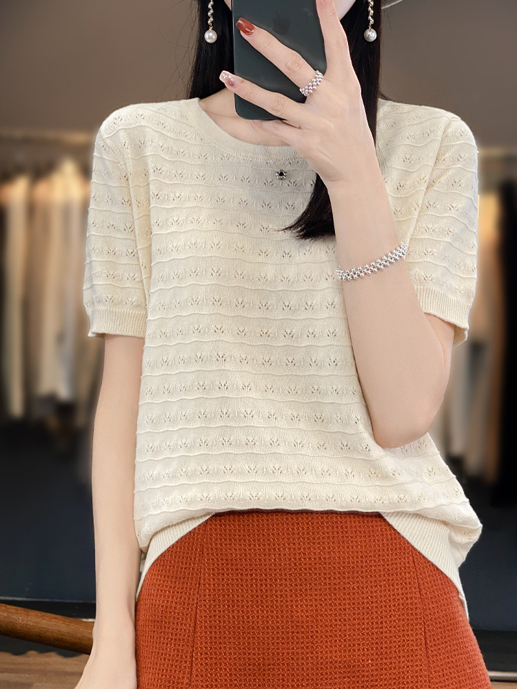 Pure Cotton Knitted Round Neck Cut Out Jacquard Bottoming Shirt Top Summer Thin Versatile Cotton Three-Quarter Sleeve Bottoming Shirt