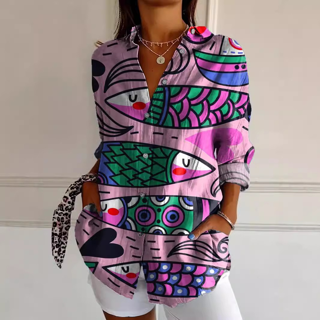 2024 new ladies long shirt summer European and American trend half sleeve short sleeve flower pattern printing 3D