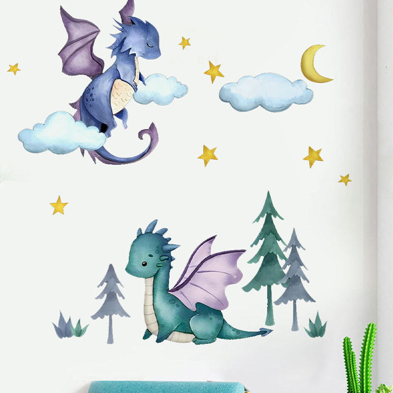 Cross-border Cartoon Dinosaur Clouds Stars Wall Stickers Children's Room Bedroom Kindergarten Wall Decorative Painting Self-adhesive Stickers