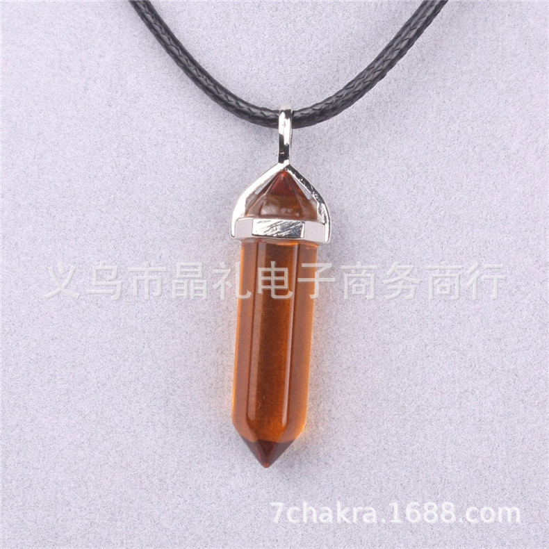 Picture of Natural Stone Hexagonal Pendant European and American Natural Crystal Hexagonal Prism Bullet Hexahedral Black Wax Rope Necklace