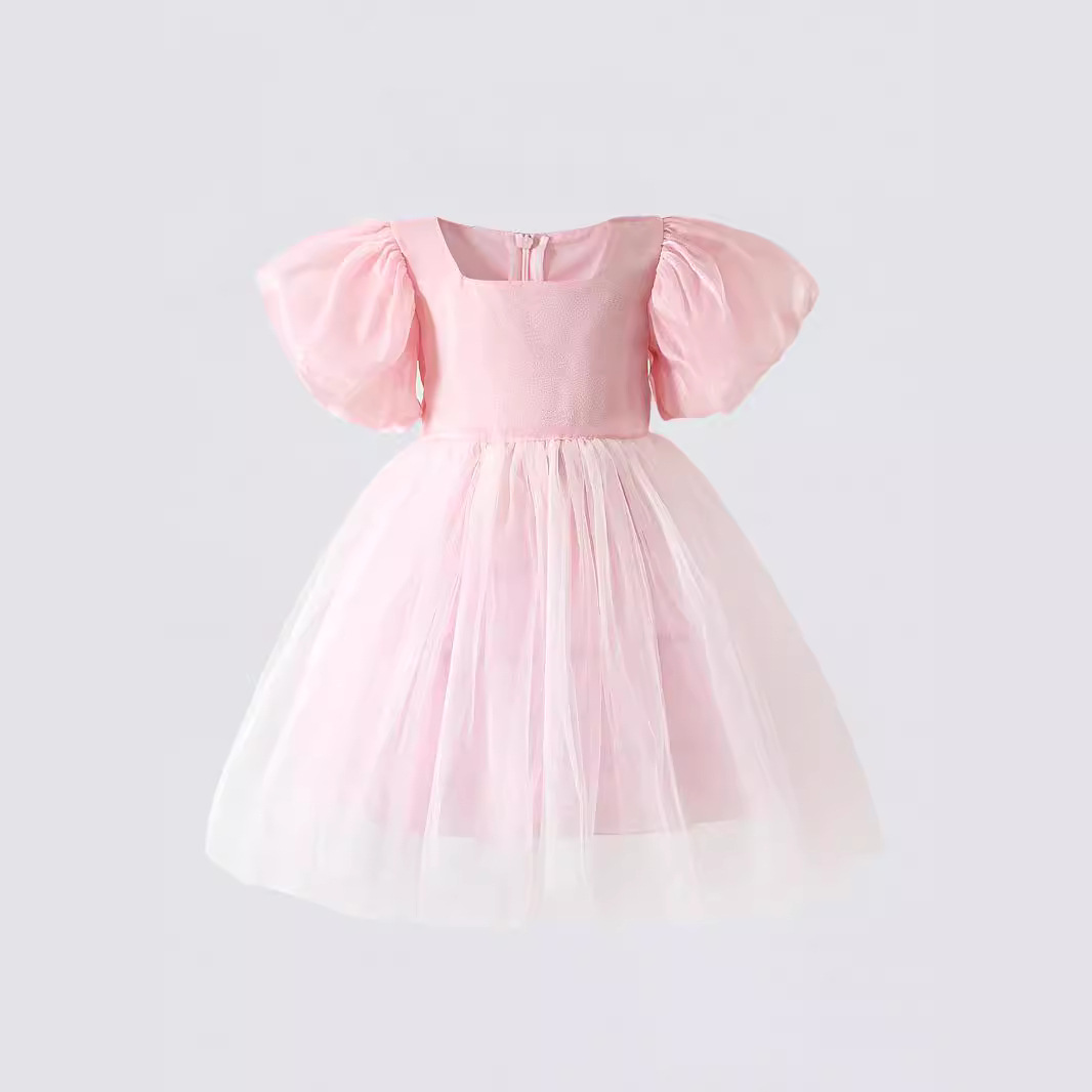 2025 Summer New Square Neck Princess Dress Girls Halloween Costume Cross-Border Short-Sleeved Mesh Puff Dress