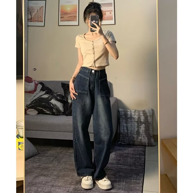 Retro blue jeans women's niche design Autumn New sweet and spicy high waist straight wide leg pants high street ins fashion