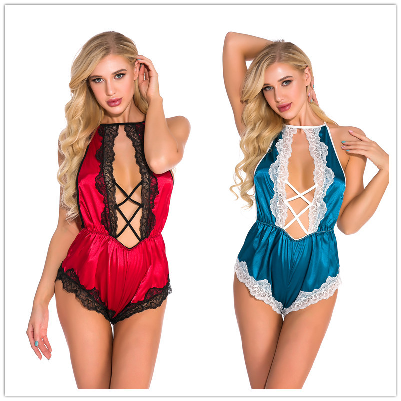 Passionate Small Chest Non-Take-off Sexy Underwear Bundled Solid Color Open-end jumpsuit Women's Lace Sexy jumpsuit