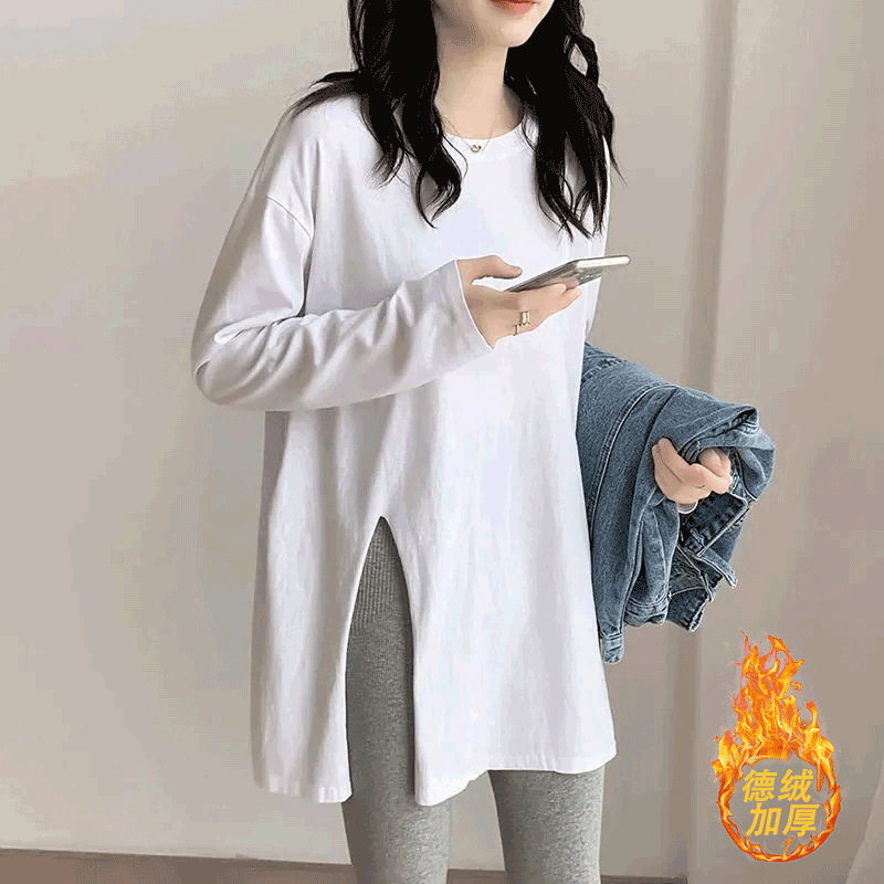 White Velvet bottoming shirt for women 2022 spring and autumn Western style split mid-length long sleeve T-shirt top ins fashion