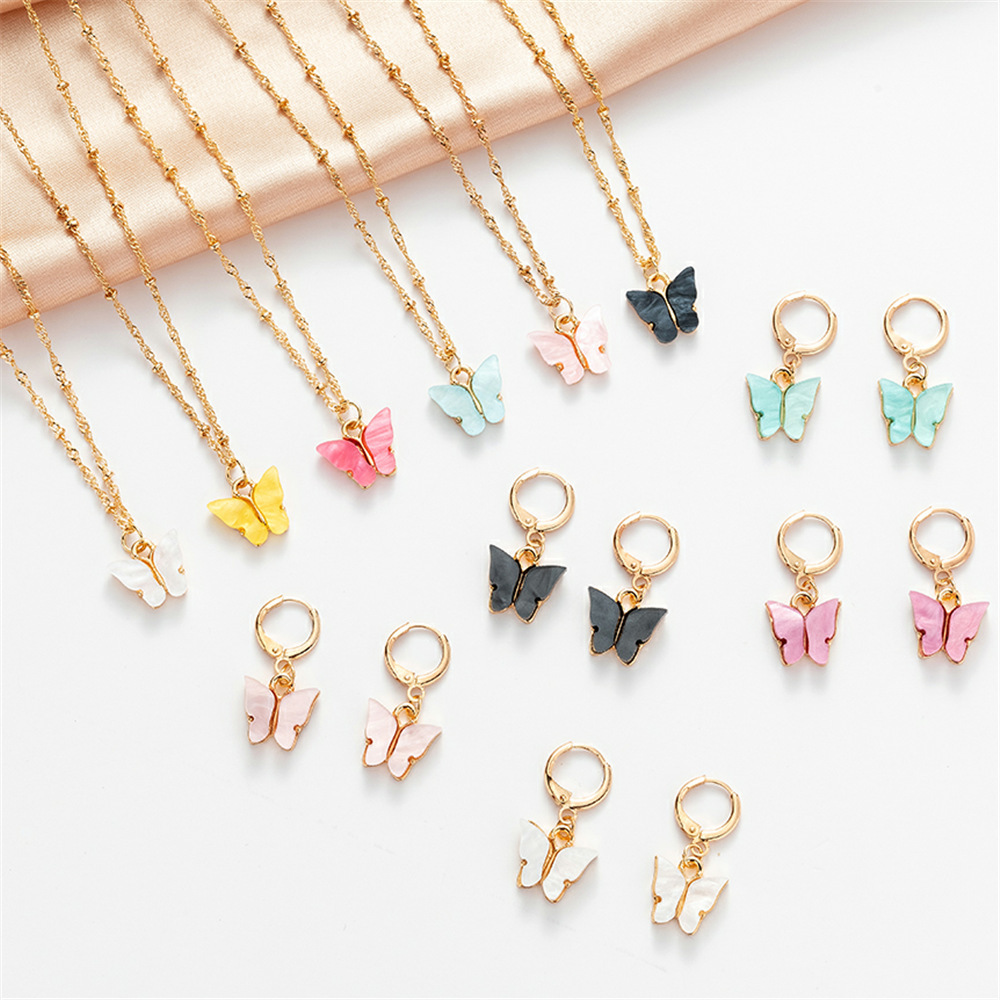 European and American Fashion 2 Pieces suit Jewelry Acrylic Butterfly Necklace Earrings suit Cross Border Jewelry Light Luxury