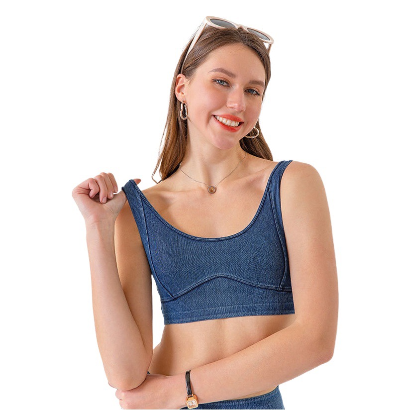 European and American New Imitation Denim Yoga Sports Underwear Women's Quick-drying Running Shockproof Push-up Fitness Back with Chest Pad