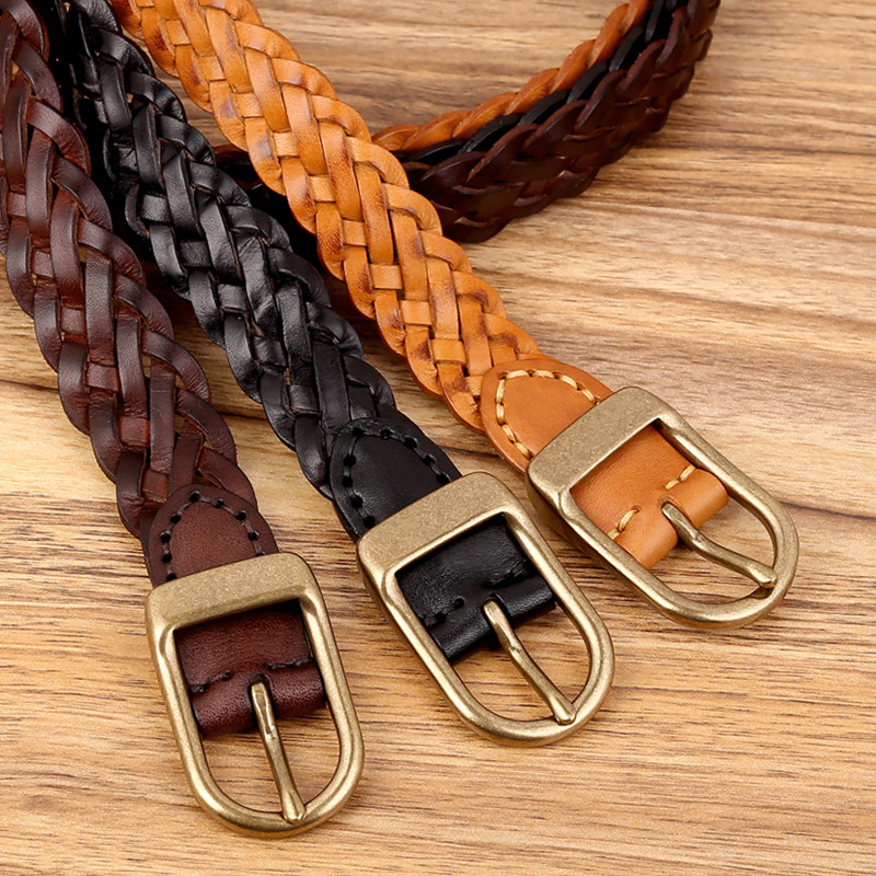 Handmade cowhide woven belt 2024 New genuine leather belt simple all-match retro pants belt for Women factory in stock