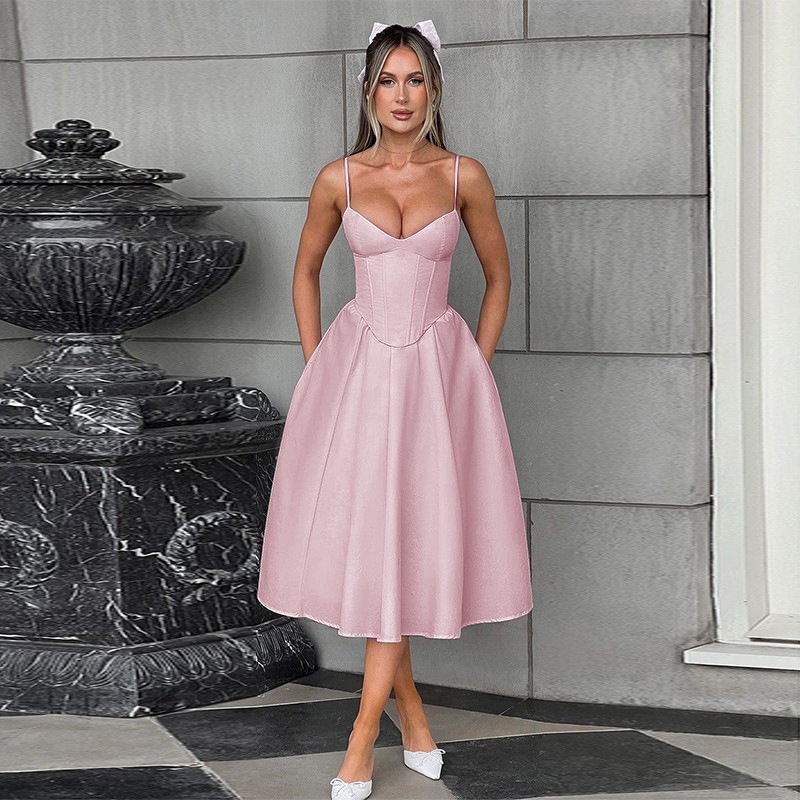 Yl25033 European and American Style Fashionable Waist Suspender Dress 2025 Spring New Slim Pure Color V-Neck Long Skirt for Women