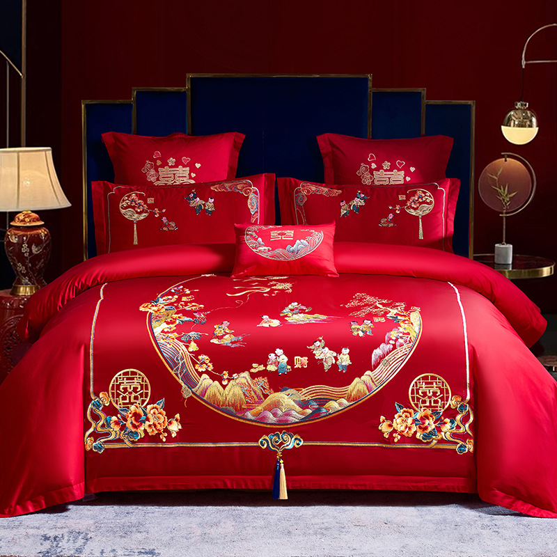 Picture of Wedding Four-Piece Set Embroidered Wedding Pure Cotton Bright Red Wedding Room Embroidered Bedding Quilt Bedding