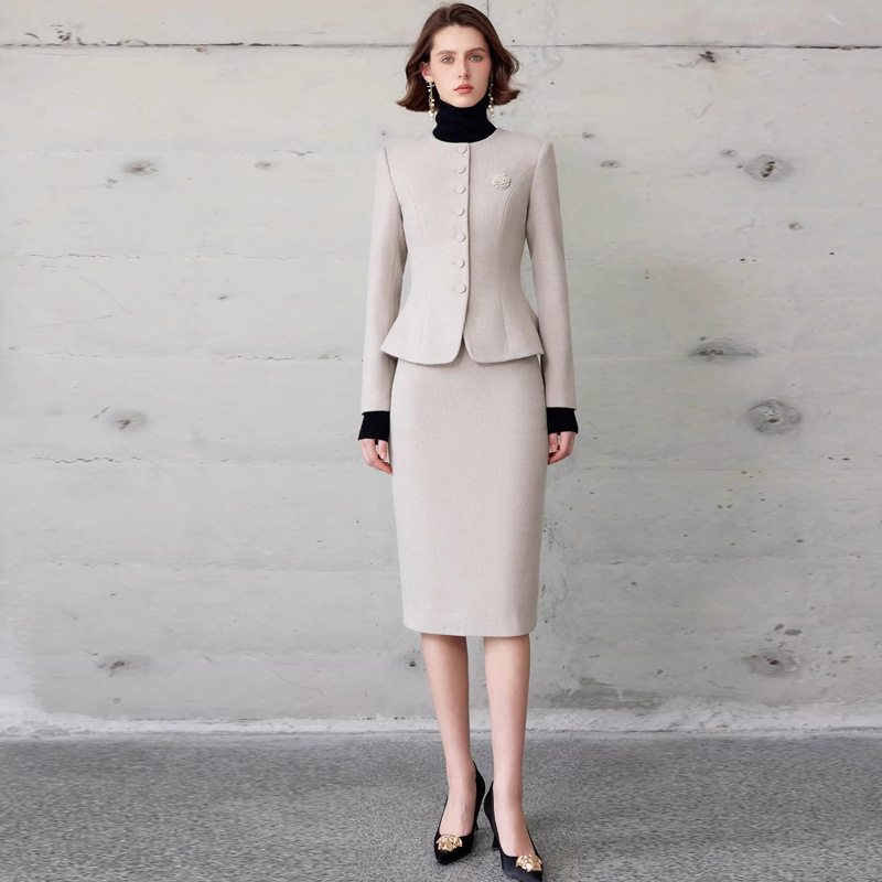 Picture of Autumn and Winter Fashion New Retro Oatmeal Color Round Neck Professional Women's Dress suit Elegant Female President Manager Formalwear
