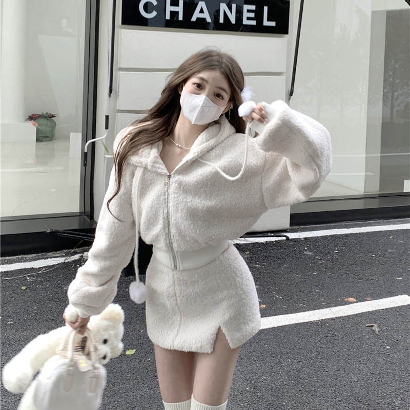Faux lamb wool pure desire style cardigan coat two-piece women's new autumn and winter high waist skirt suit skirt