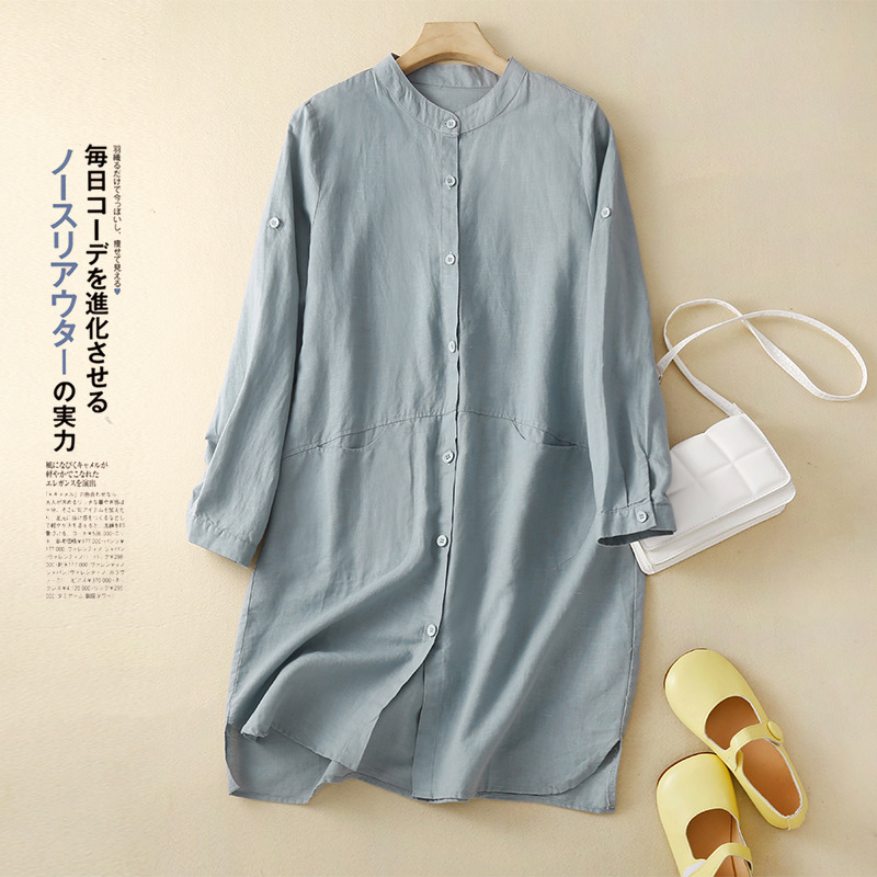 Autumn 2022 New Retro Sleeve Cotton Linen Stand Collar Shirt Women's Mid-length Single-breasted Solid Color Fashion Casual Shirt