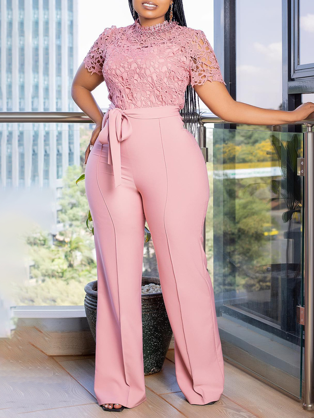 D509 European and American Clothing Amazon Sexy Lace Cut Out Short-Sleeved Straps High-Waisted Wide-Leg Export Jumpsuit