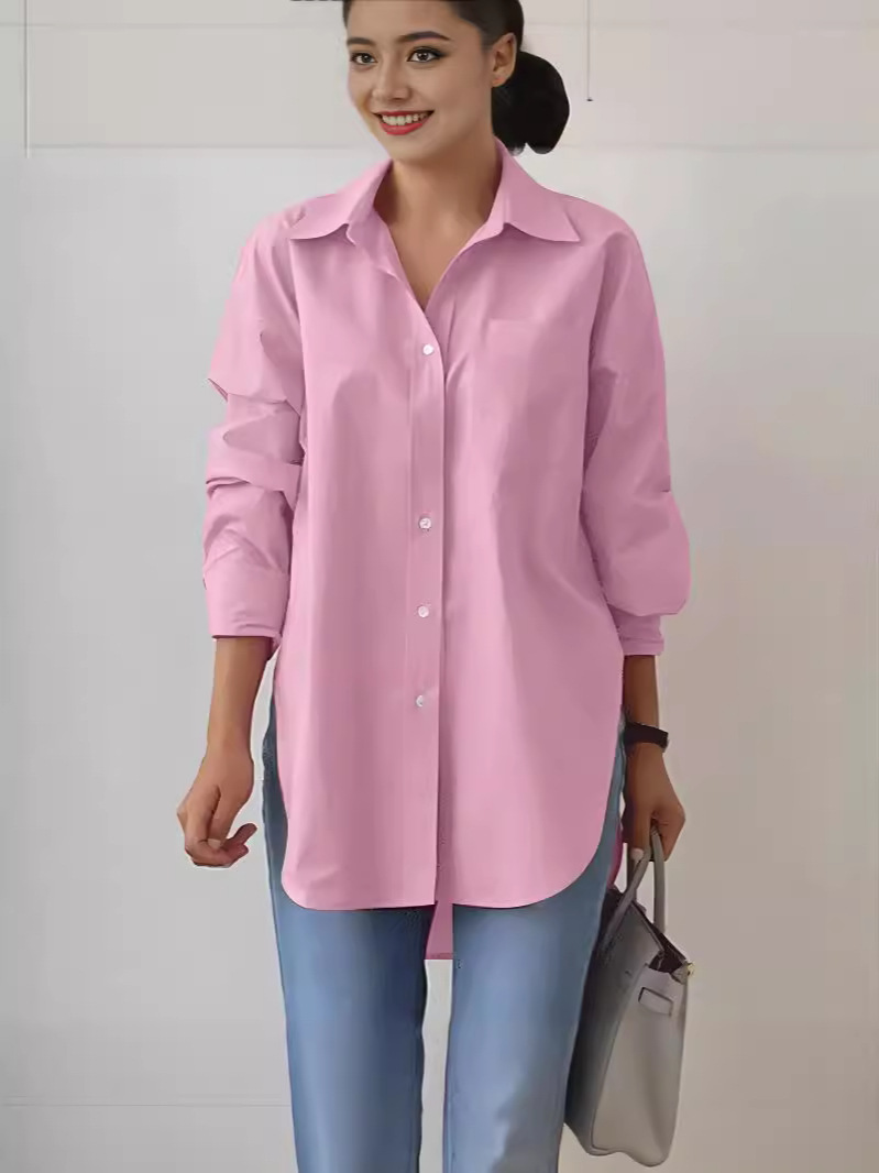 Picture of Elegant lapel long sleeve shirt 2024 fashion women's spring and autumn solid color split hem oversized OL work shirt