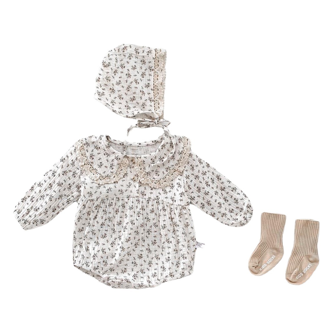 Picture of Baby Girl Spring & Fall Floral Long-Sleeved Fart Clothes Baby Fashionable Lace Edge Doll Collar Triangle Harem Outing Clothes