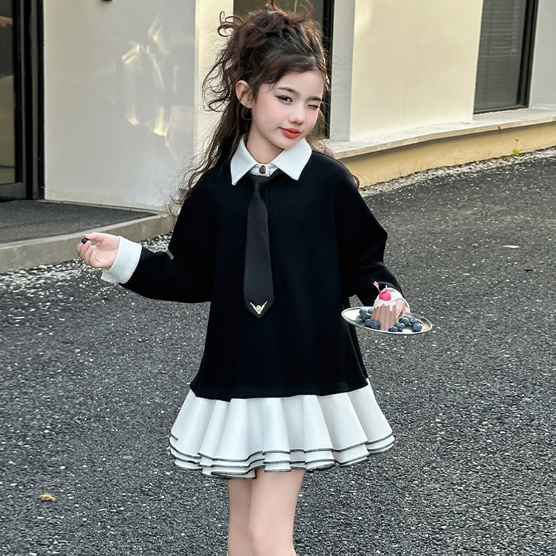 Internet Celebrated Girl's College Style Casual Long-sleeved dress New Style Fashionable Lapel Princess Dress for Big Kids in Spring and Autumn