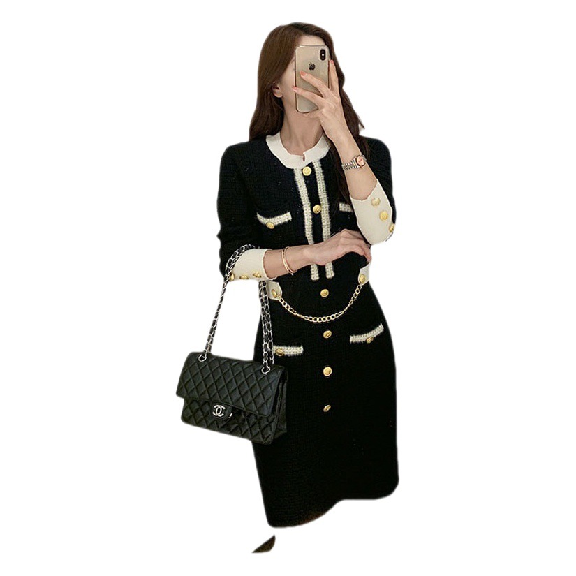 Foreign Trade Women's Clothing Autumn and Winter Elegant Goddess Style Small Fragrance Celebrity Lady Long-Sleeved Royal Sister Style Button Pin