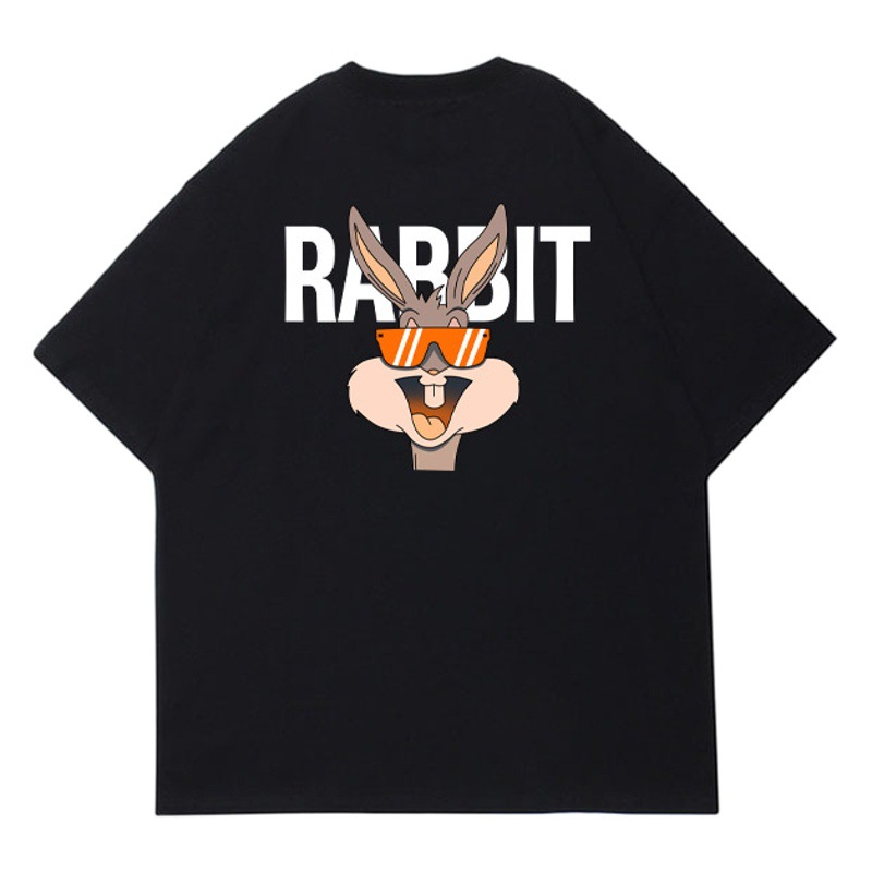 Meiyi Street Rabbit Print Short-sleeved T-shirt Pullover Summer New Pure Cotton Round Neck White All-match Base Top