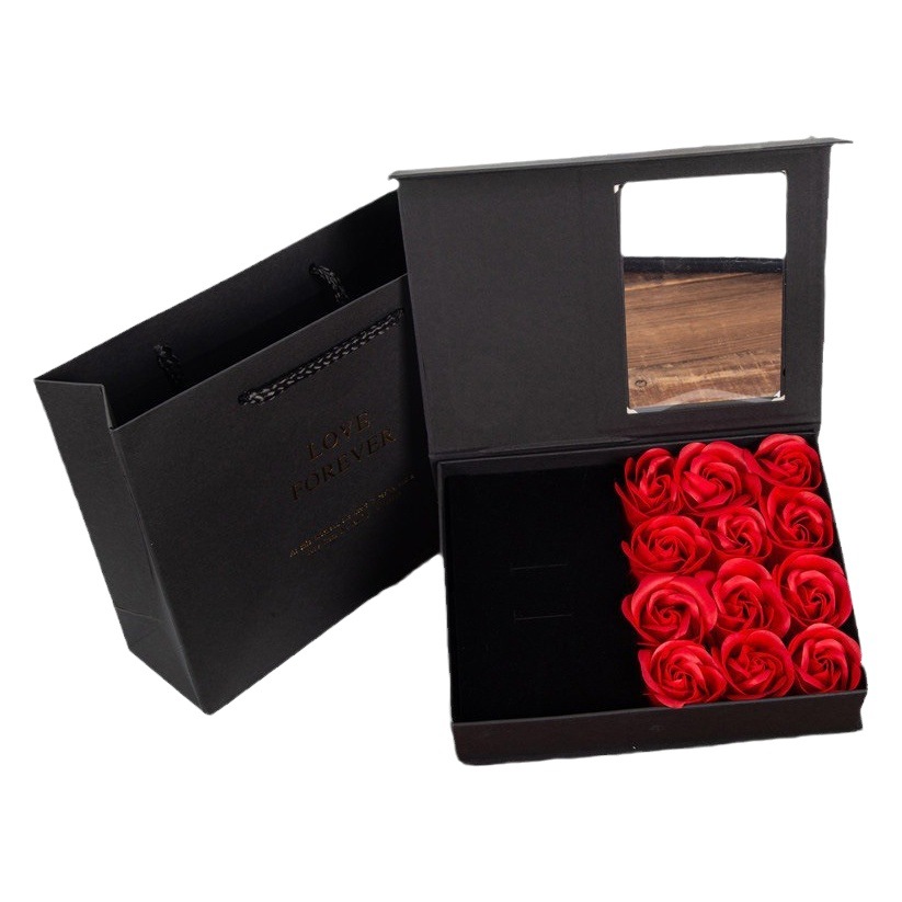 Window Flip-Top Jewelry Box Black 12 Soap Flower Jewelry Packaging Box Creative Valentine's Day Gift Wholesale