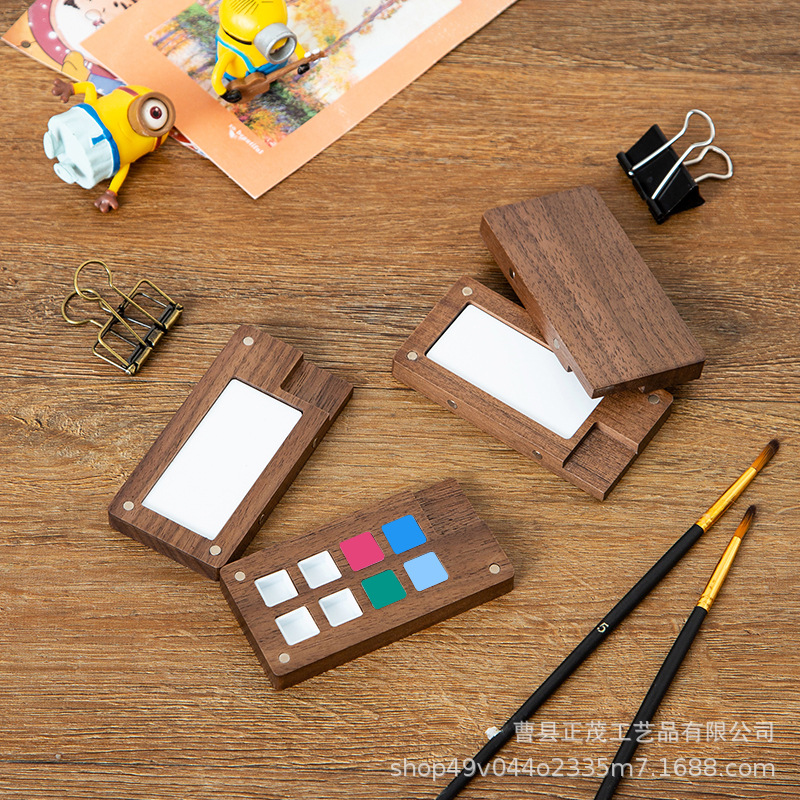 Picture of Children's Handmade ins Wind Magnetic Cover Black Walnut 15G Watercolor Pigment Wooden Box Portable Handicraft Paint Box