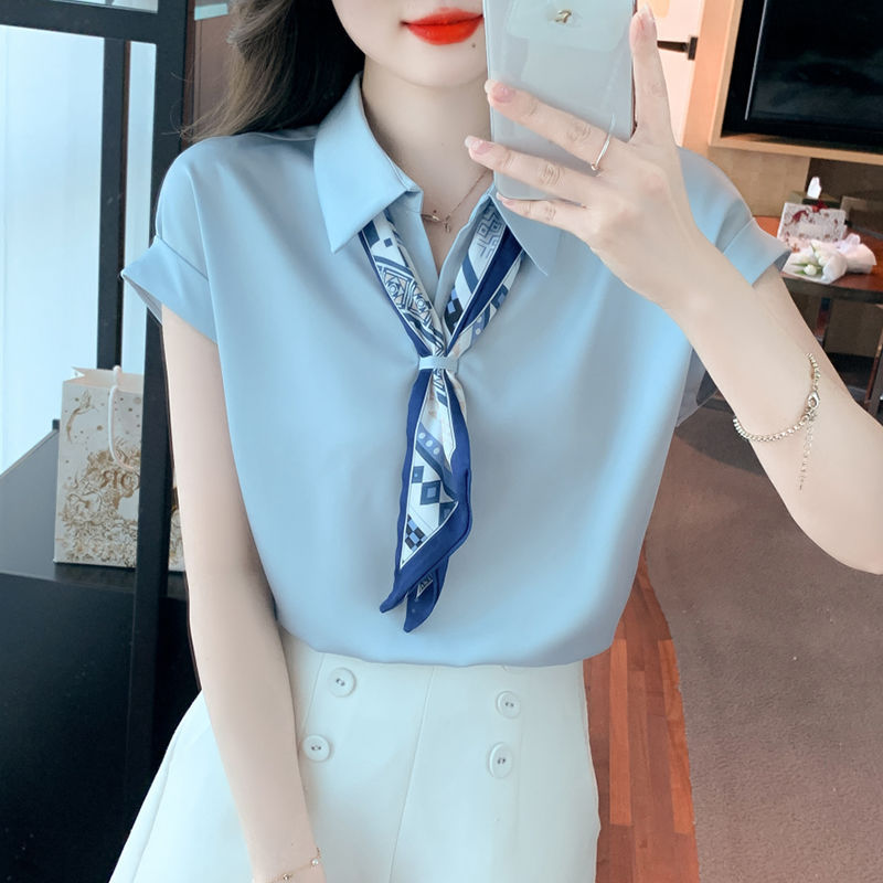 2024 New High-end Chiffon Top Women's Summer French Elegant Professional Light Mature Short-sleeved Shirt