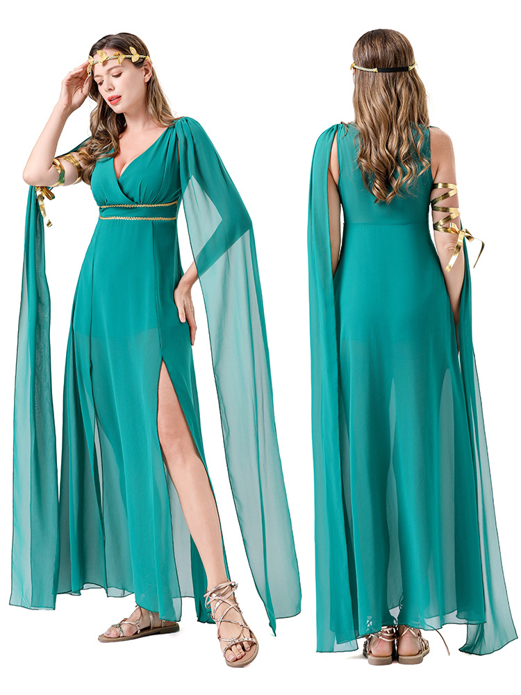 Halloween Adult Goddess Statue Cos Costume Christmas Carnival Green Chiffon Party Greek Long Skirt Dress
