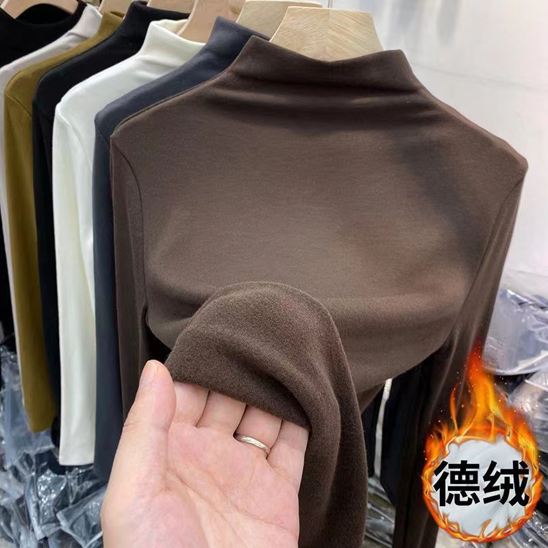 Thickened Double-Sided Velvet Sanding Half-High Neck Slim-Fit Warm Base Shirt Women's Autumn and Winter Solid Color Top Long-Sleeved T-Shirt for Women
