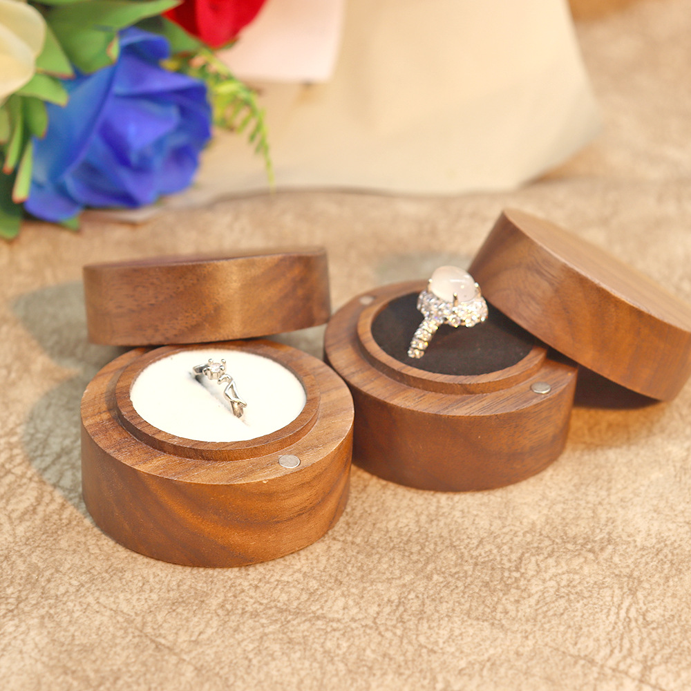 Picture of Jewelry Box Creative Solid Wooden Ring Box Jewelry Storage Box Round Fashion Wooden Black Walnut Gift Box