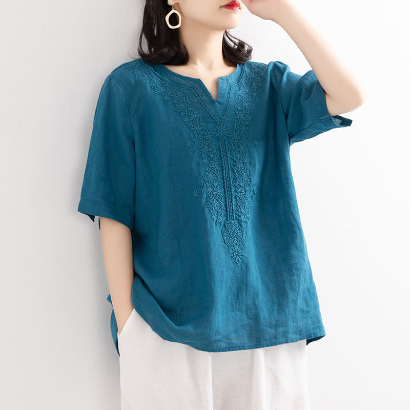 Picture of Pure Cotton V-Neck Summer New Cotton and Linen Shirt Women's Literary Loose Pullover Embroidered Short-Sleeved T-Shirt Women's Embroidered Top Trendy