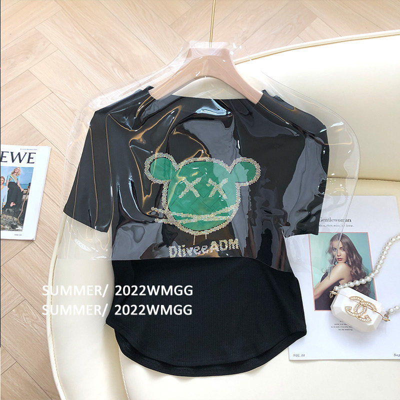 Hot Drilling Short-sleeved T-shirt Women's Summer Design Sense Niche Bear Printed T-shirt Korean-style Slim-fit Slimming Short Top