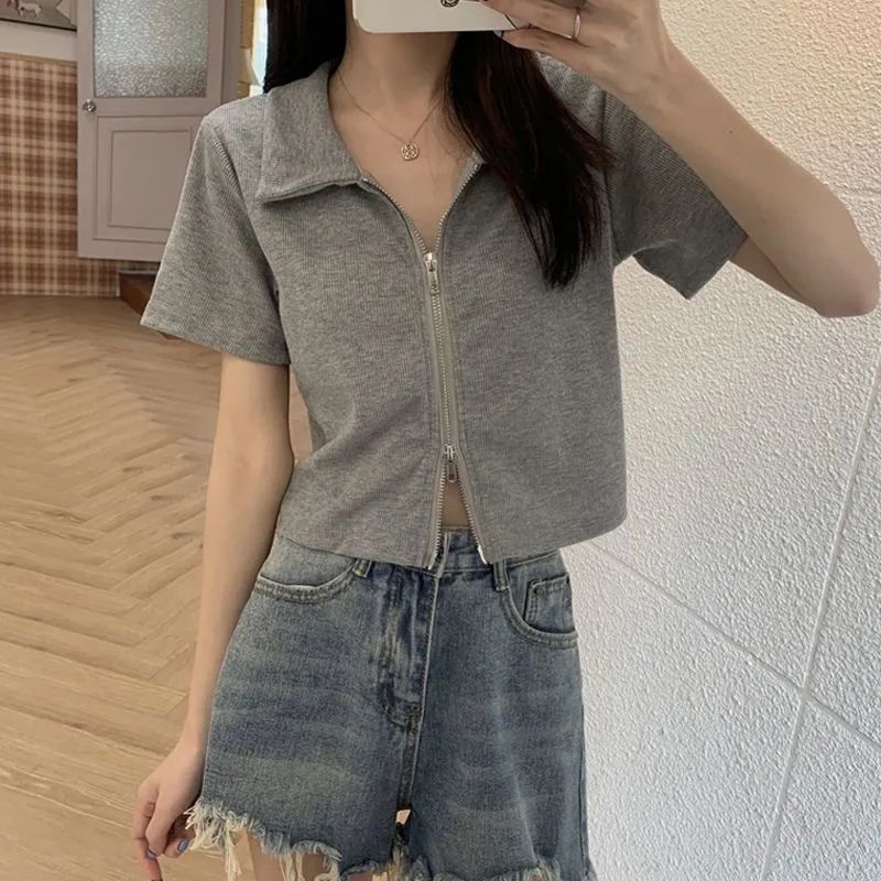 Summer 2024 New Polo Lar Grey Short-sleeved T-shirt Women's Design Sense Double Zipper Shoulder Short Top Ins Trendy
