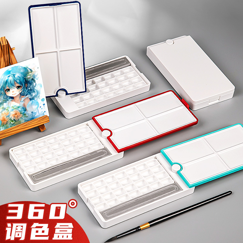 Watercolor Palette 360-Degree Rotating Rectangular Multi-Functional Moisturizing Paint Box 28 Compartments Portable Art Palette